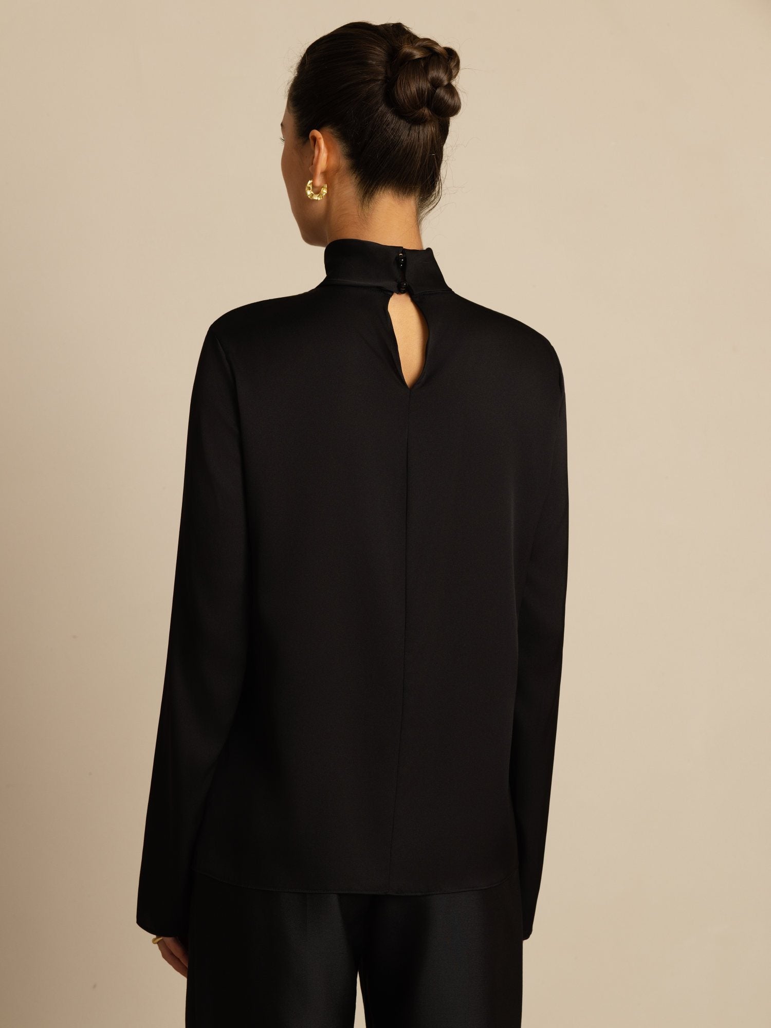 [Svart] SilkSilky-SE 19Momme Silke Lång Ärm Polotröja Dam T-Shirt 002