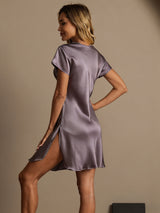 [Lila Grå] SilkSilky-SE Short Sleeve V Neck Nattlinne 002