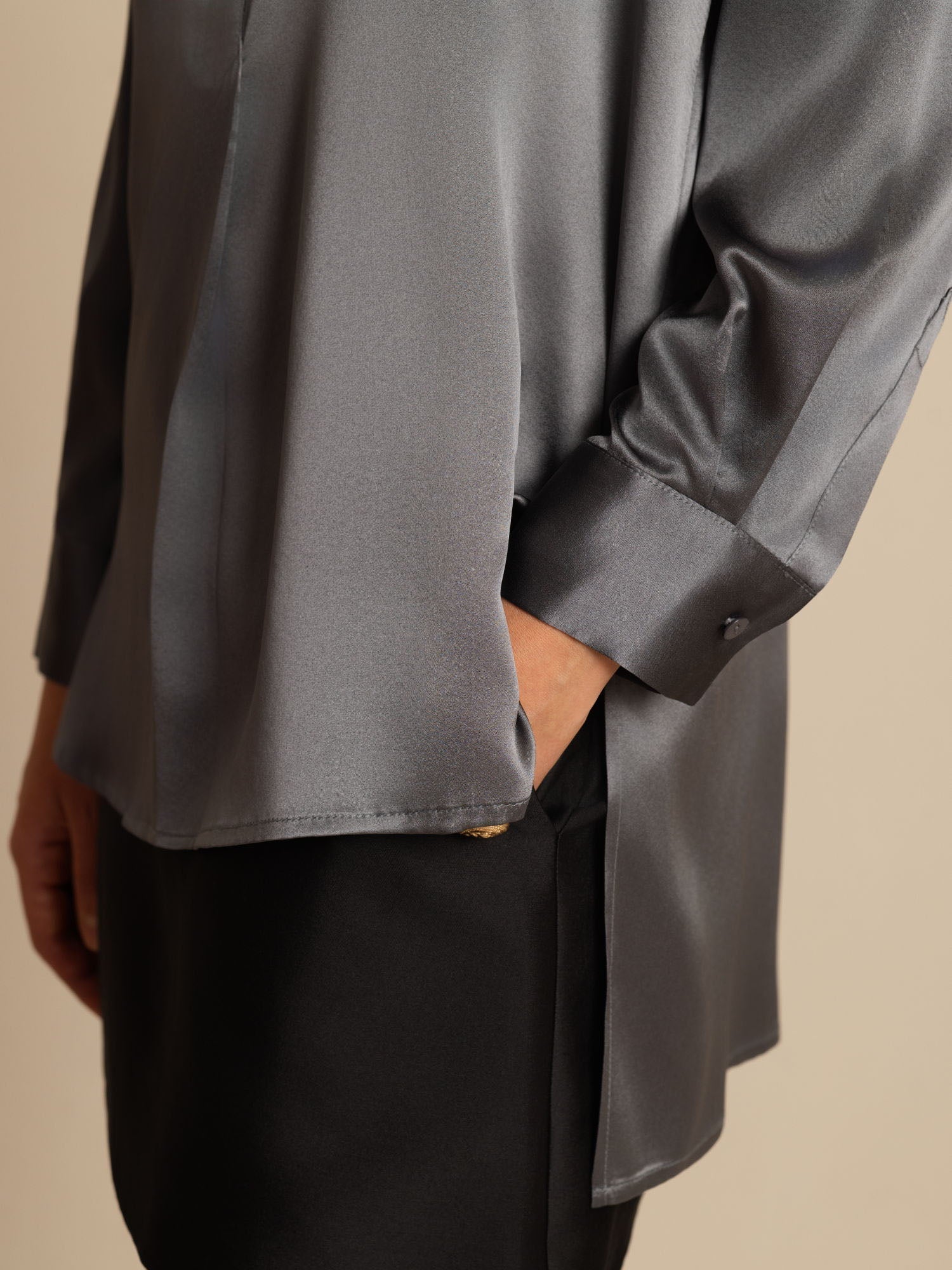 [Mörkgrå] SilkSilky-SE 19Momme Silke Lång Ärm Ståkrage Blus 008