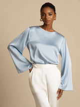 [Gråblå] SilkSilky-SE Long Sleeve Boat Neck Blus 003