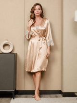 [Champagne] SilkSilky-SE 3/4 Sleeve V Neck Dam Nattlinne&Morgonrock Set 008