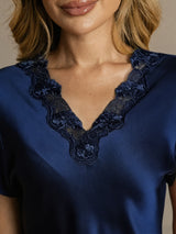 [Mörkblå] SilkSilky-SE Short Sleeve V Neck Nattlinne 004
