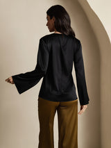 [Svart] SilkSilky-SE Long Sleeve Boat Neck Blus 002