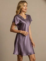 [Lila Grå] SilkSilky-SE Short Sleeve V Neck Nattlinne 001