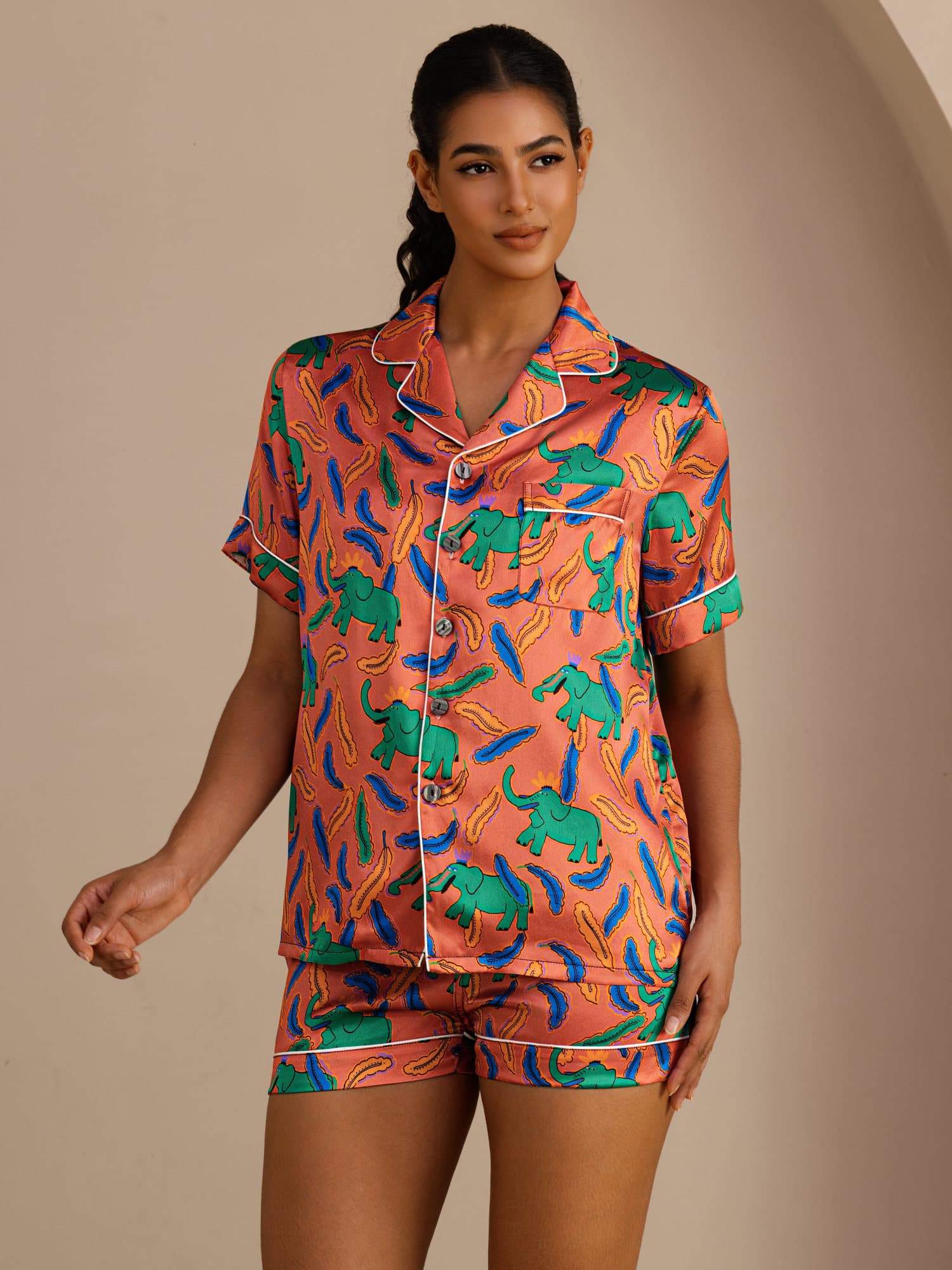 [Lerelefant] SilkSilky-SE Short Sleeve Lapel Collar Dam Pyjama 001
