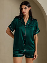 [Mörkgrön] SilkSilky-SE Short Sleeve Lapel Collar Dam Pyjama 006