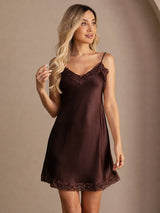 [Brun] SilkSilky-SE Spaghetti Strap V Neck Nattlinne 006