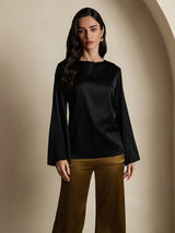 [Svart] SilkSilky-SE Long Sleeve Boat Neck Blus 003