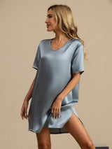 [Gråblå] SilkSilky-SE Half Sleeve V Neck Nattlinne 005