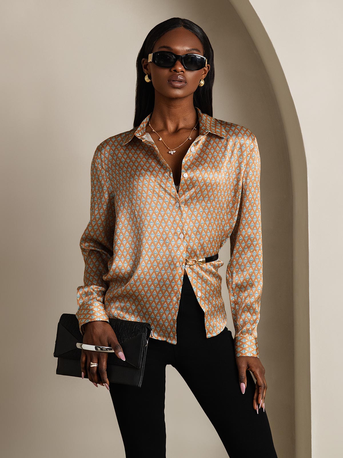 [Floral] SilkSilky-SE Long Sleeve Lapel Collar Damskjorta 001