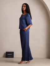 [Mörkblå] SilkSilky-SE Half Sleeve Round Neck Dam Pyjama 004