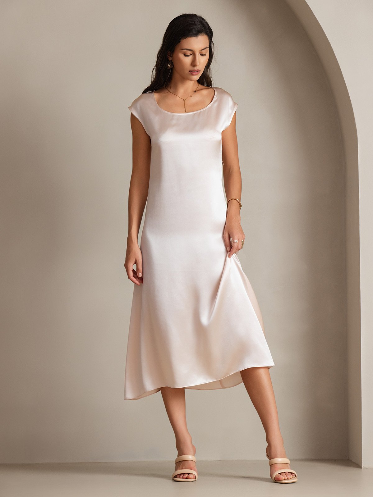 [Rosa] SilkSilky-SE 19Momme Silke Ärmlös Dress 002