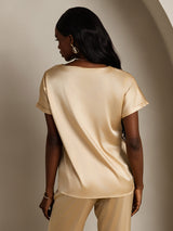[Champagne] SilkSilky-SE 19Momme Kort Ärm Båtringad Dam T-Shirt 002