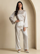 [Ljusgrå] SilkSilky-SE Long Sleeve Boat Neck Blus 007