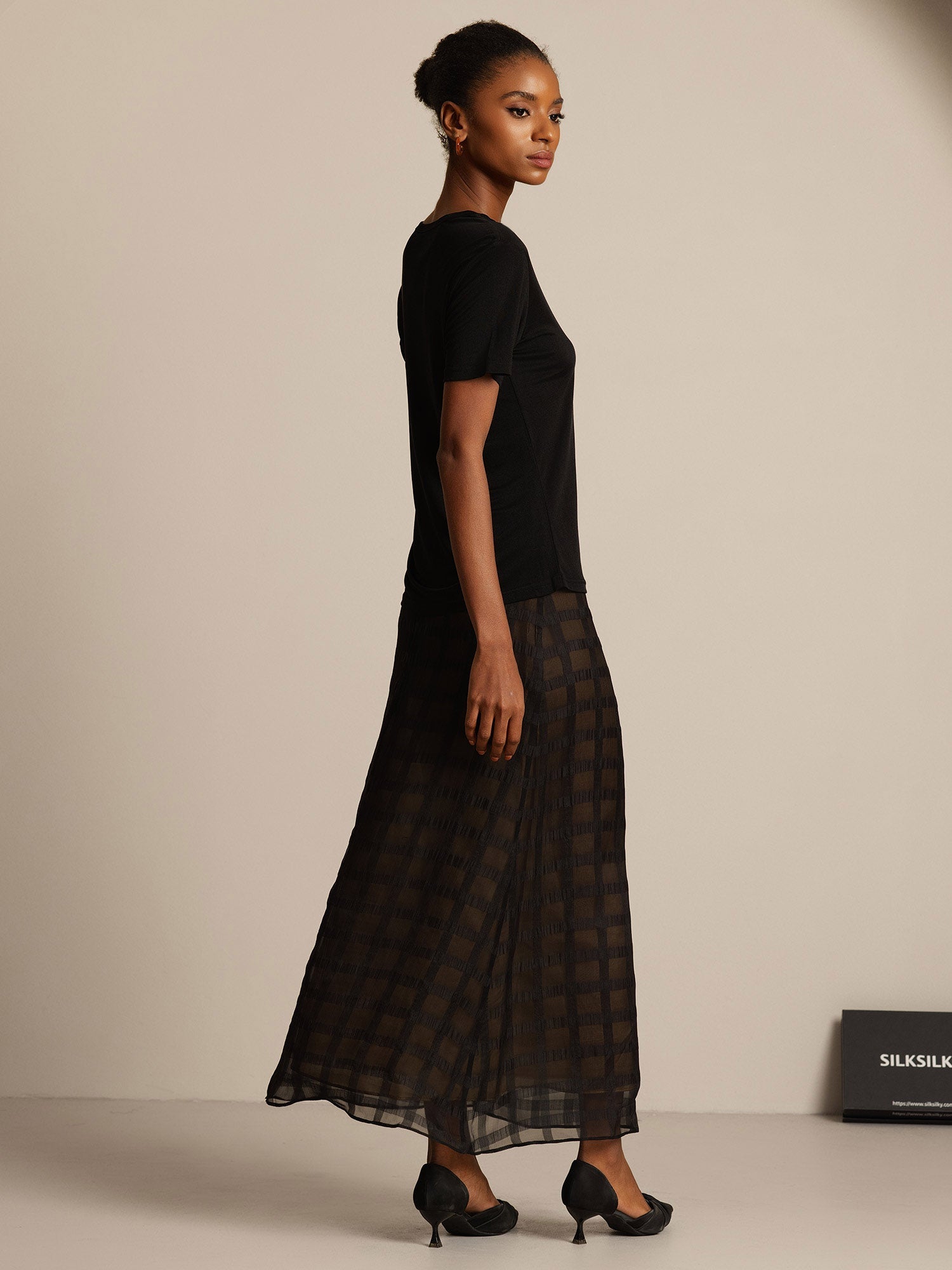 [Svart] SilkSilky-SE Silke Stickad Womens T-Shirt 004,