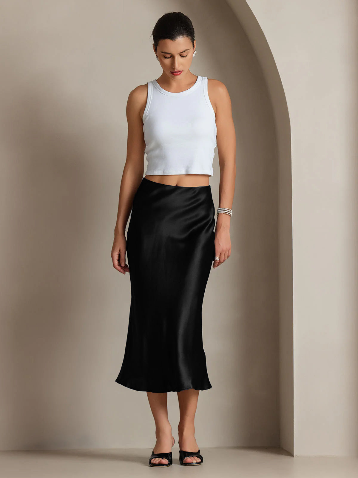 [Svart] SilkSilky-SE 19Momme Rent Silke Skirt 003,