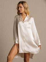 [Beige] SilkSilky-SE Long Sleeve Lapel Collar Dam Sömnskjorta 003