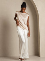 [Beige] SilkSilky-SE Cap Sleeve Round Neck Dam T-Shirt 006