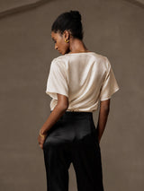 [Beige] SilkSilky-SE Short Sleeve Cowl Neck Damblusar 002