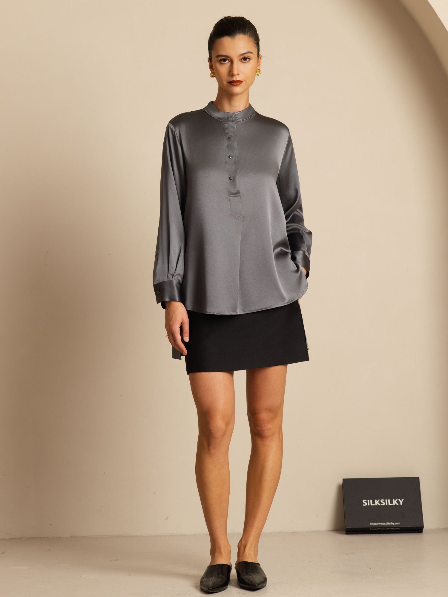 [Mörkgrå] SilkSilky-SE 19Momme Silke Lång Ärm Ståkrage Blus 009