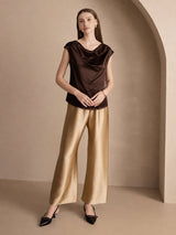 [Mörk Choklad] SilkSilky-SE Cap Sleeve Cowl Neck Dam T-Shirt 004