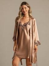 [Brun] SilkSilky-SE 3/4 Sleeve V Neck Dam Nattlinne&Morgonrock Set 001