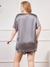 [Grågrön] SilkSilky-SE Rent Silke Kort Ärm Round Neck Dam Plus Storlek Pyjama 002