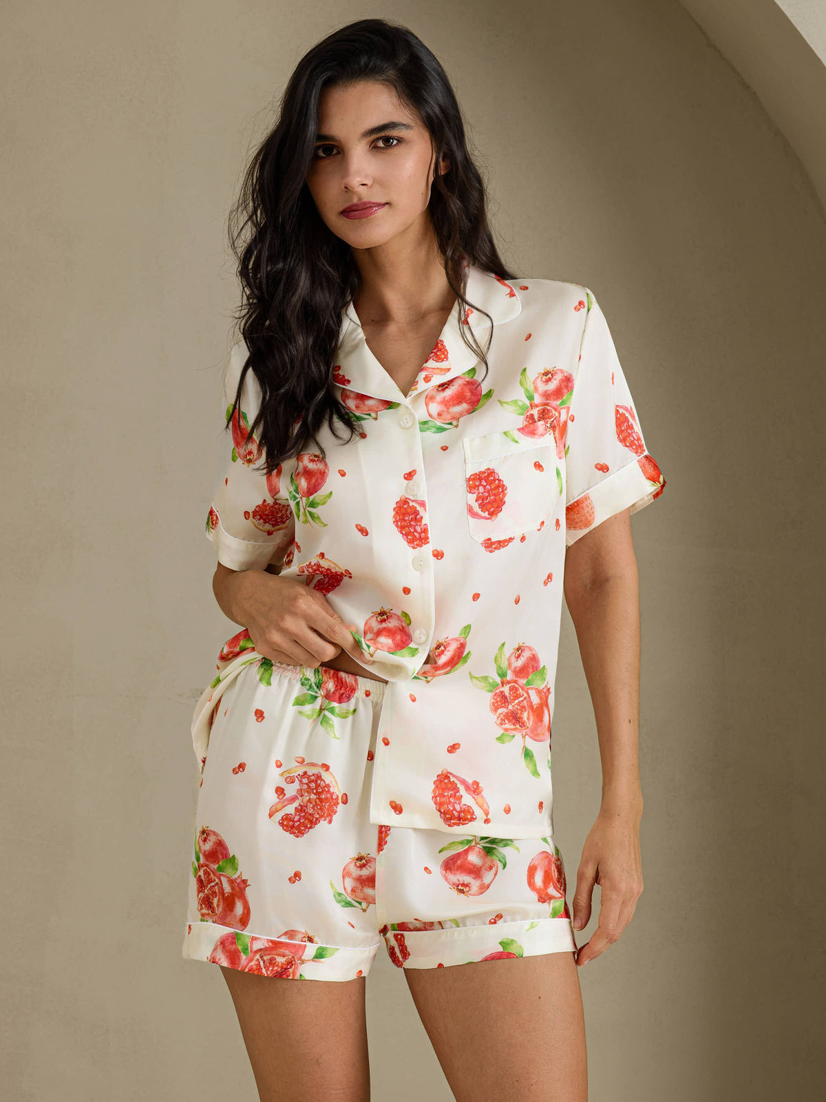 [Vitt Granatäpple] SilkSilky-SE Short Sleeve Notch Collar Dam Pyjama 001