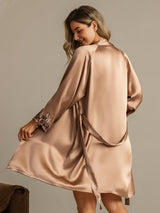 [Brun] SilkSilky-SE 3/4 Sleeve V Neck Dam Nattlinne&Morgonrock Set 002