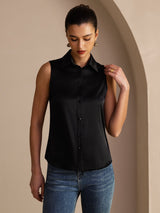 [Svart] SilkSilky-SE Sleeveless Lapel Collar Damskjorta 005