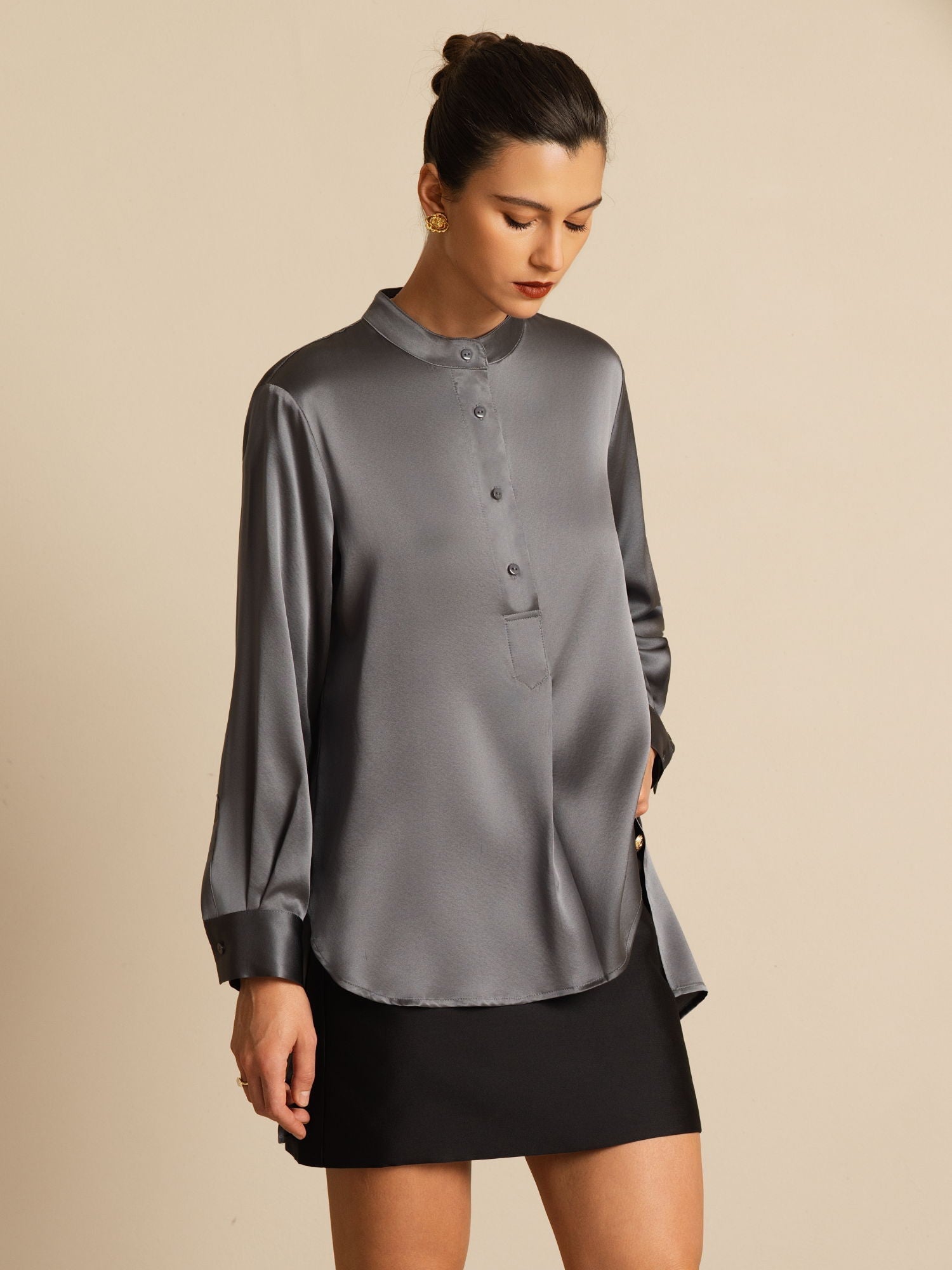 [Mörkgrå] SilkSilky-SE 19Momme Silke Lång Ärm Ståkrage Blus 005