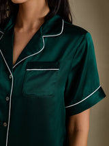 [Mörkgrön] SilkSilky-SE Short Sleeve Lapel Collar Dam Pyjama 004