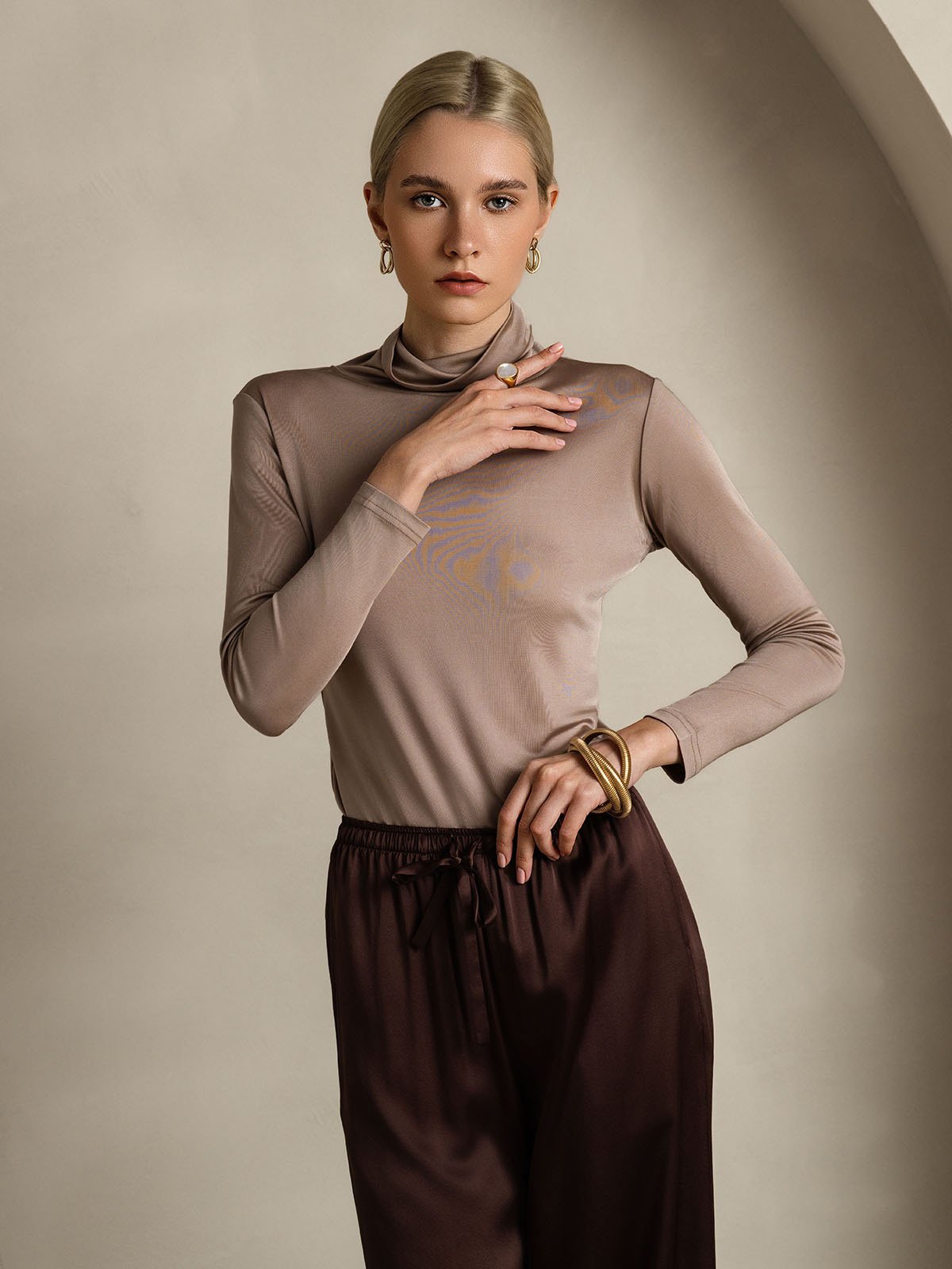 [Kaki] SilkSilky-SE Lång Ärm Polotröja Dam T-Shirt 005