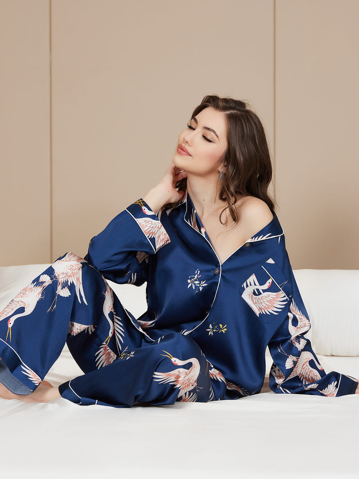 [Mörkblå] SilkSilky-SE Long Sleeve Lapel Collar Dam Pyjama 001