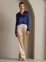 [Mörkblå] SilkSilky-SE Long Sleeve Lapel Collar Damskjorta 003