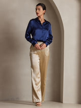 [Mörkblå] SilkSilky-SE Long Sleeve Lapel Collar Damskjorta 006