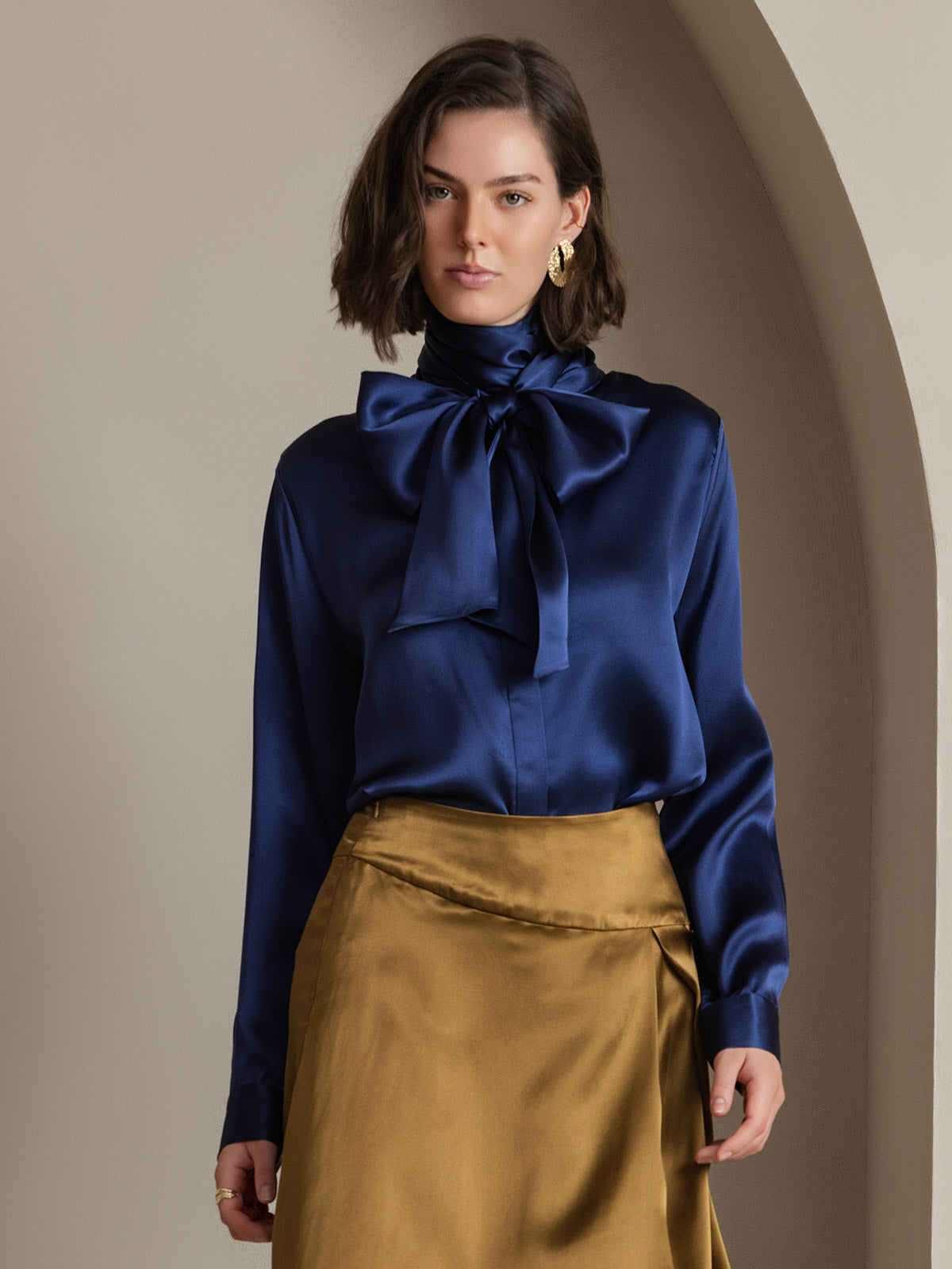 [Mörkblå] SilkSilky-SE 19Momme Silke Lång Ärm Blouse 001