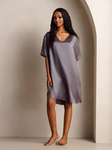 [Lila Grå] SilkSilky-SE Half Sleeve V Neck Nattlinne 001