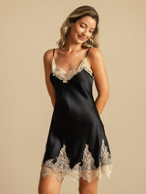 [Svart+Beige] SilkSilky-SE Spaghetti Strap V Neck Nattlinne 007