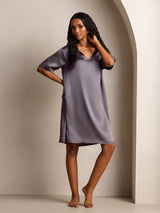 [Lila Grå] SilkSilky-SE Half Sleeve V Neck Nattlinne 006