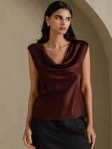 [Mörk Choklad] SilkSilky-SE Cap Sleeve Cowl Neck Dam T-Shirt 003