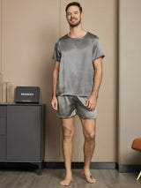 [Mörkgrå] SilkSilky-SE Rent Silke Kort Ärm Round Neck Herr Pyjama 005