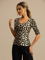 [Leopard] SilkSilky-SE Hårärm Djup Rund Halsringning Dam T-Shirt 003