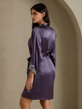 [Lila Grå] SilkSilky-SE 3/4 Sleeve V Neck Dam Nattlinne&Morgonrock Set 006