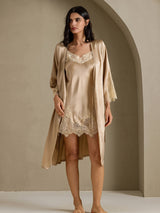 [Champagne] SilkSilky-SE 3/4 Sleeve V Neck Dam Nattlinne&Morgonrock Set 003