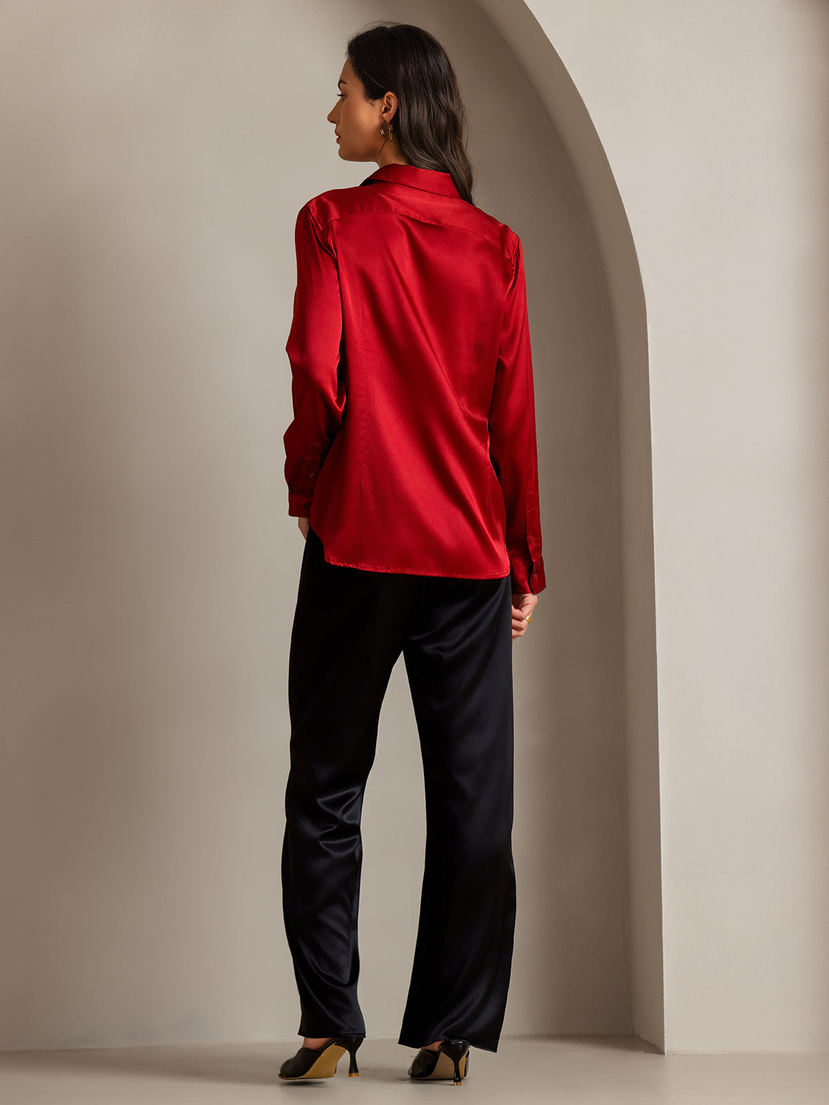 [Röd] SilkSilky-SE Silke Lång Ärm Krage Damskjorta 002