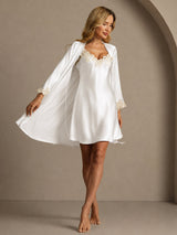 [Vit] SilkSilky-SE 3/4 Sleeve V Neck Dam Nattlinne&Morgonrock Set 006