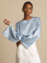 [Gråblå] SilkSilky-SE Long Sleeve Boat Neck Blus 004
