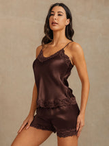 [Brun] SilkSilky-SE Spaghetti Strap V Neck Camisole Set 001