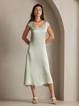 [Ljusgrön] SilkSilky-SE Kappärm Scoop Neck Klänning 001